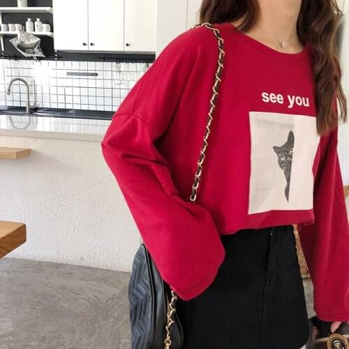 T-shirt Women Long Sleeve Cartoon Kawaii Loose O-Neck Harajuku Womens Streetwear Female All-match Korean Style Students T-shirts