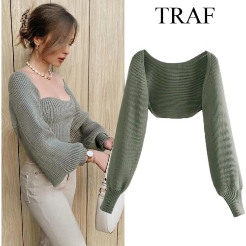 TRAF Za Women Chothing Cardigan Chic Sweater 2021 Green Fashion Warmers Cropped Knitted Cardigan Vintage Long Sleeve Chic Tops