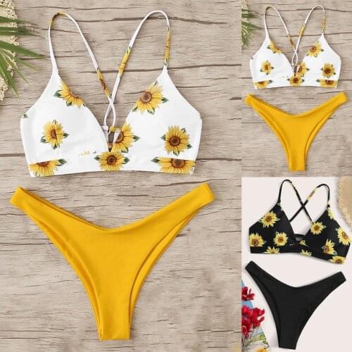 Two Pieces Thong Bikinis Set Women High Waist Floral Swimming Suit Sexy Push-up Padded Swimwear Bathing Suit Swimming Maillot
