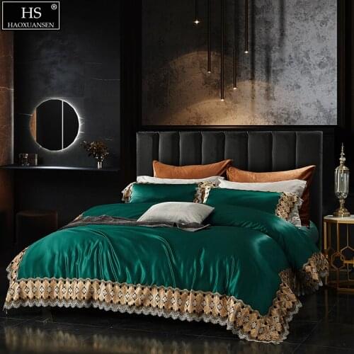 Princess Style 4Pieces Bedding Set Pure Cotton Fabric Soft Quilt Cover Pillowcase BedSheets Embroidered Bow Lace Blackish Green