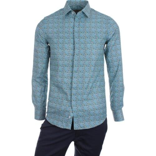 Gentilbay Mens Sea Shell Beach Printed Green Slimfit Long-Sleeve Sport Shirt DPD170