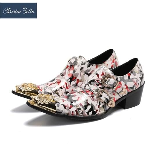 Christia Bella Camouflage Print Men Party Leather Shoes Pointed Toe Mid Heel Business Shoes Male Buckle Oxfords Fashion Footwear