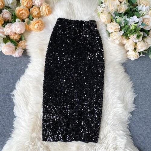 2021 New Women Spring Sexy Sequins Slim Shinny Skirt Autumn Trend High Waist Skirts Korean Elegant Midi Pencil Sexy Bodycon