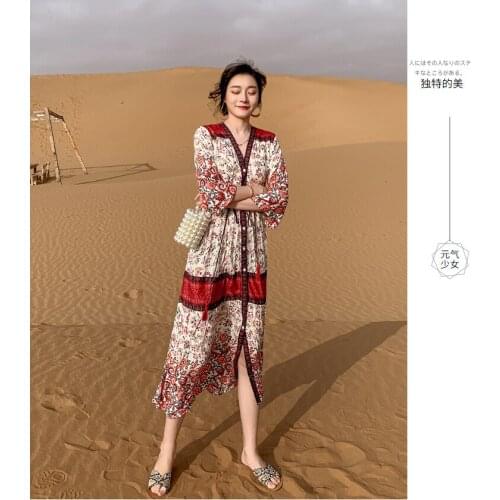 New beach dress retro print sexy fork temperament type