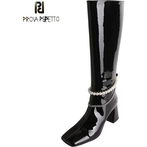 New Autumn and Winter Pearl Chain Patent Leather Boots Thick Heel Square Toe Side Zipper But Knee High Heel Knight Boots