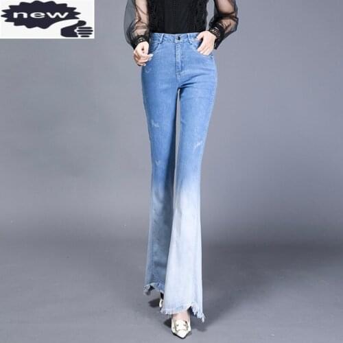 Spring New Women Color Panelled High Waist Denim Flare Long Trousers Female Bell-bottomed Pants Casual Tassels Jeans