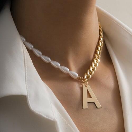 Imitation Pearl Letter A Pendant Necklace for Women Vintage Gold Color Link Chain Necklace Punk Neck Chains Fashion Jewelry 2021