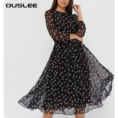 OUSLEE Chiffon Dress Women Elegant 2021 Spring Summer Vintage Dot Printing Fashion Casual Dress Boho Beach Women A-line Vestidos