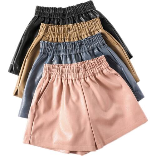 Streetwear Elastic High Waist Ladies Shorts Autumn Winter PU Leather Shorts Women Casual Black Pink Wide Leg Biker Shorts C7731