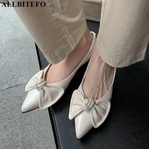 ALLBITEFO Beautiful Bow Design Soft Genuine Leather Women Heels Shoes Spring Fashion Sweet Street Walking Shoe Low Heel Shoes