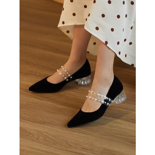 Womens French Coarse Low Heel High Heels Woman Retro Mary Pearl Transparent Heel Pumps Women Fashion Shoes Size 35-39