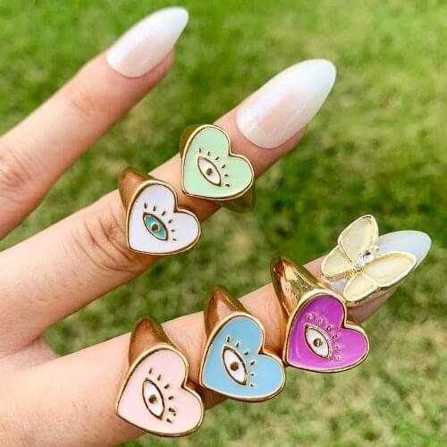 Y2K New Colorful Drip Oil Enamel Love Heart Couple Rings for Women Men Punk Gold Metal Evil Eyes Finger Ring Trendy Jewelry