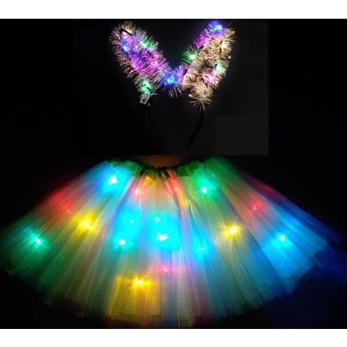 2020 new year Gradation Light LED Kids Coloured lights Tutu Skirt Princess Party Tutus Tulle Child Wreath with lamp green
