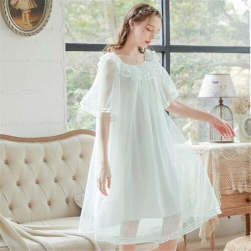 Nightdress female spring retro palace style net cotton fresh and loose large size home service pijamas women sexy nightware