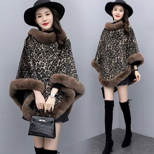 Womens Capes and Ponchoes 2021 Winter Parka Leopard Fur Coat knitting Oversized Knitted Sweater Poncho Long Cashmere Pullover