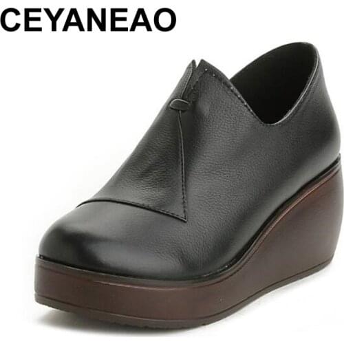 CEYANEAOSpring Platform Pumps Women Shoes Medium Heels Round Head Cowhide Shallow Mouth Women Wedge Shoes