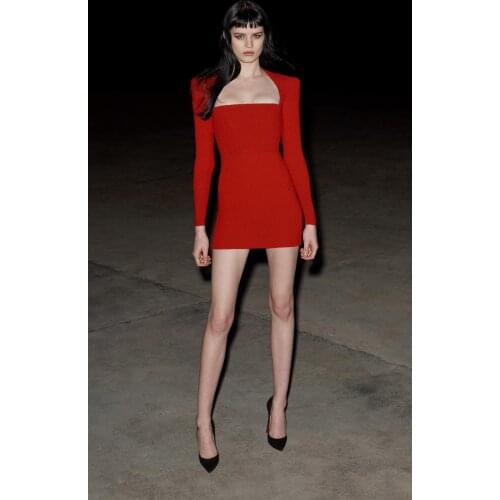 2021 New Fashion Women Red Bodycon Bandage Dress Sexy Long Sleeve Square Neck Mini Club Celebrity Runway Party Dress Vestidos