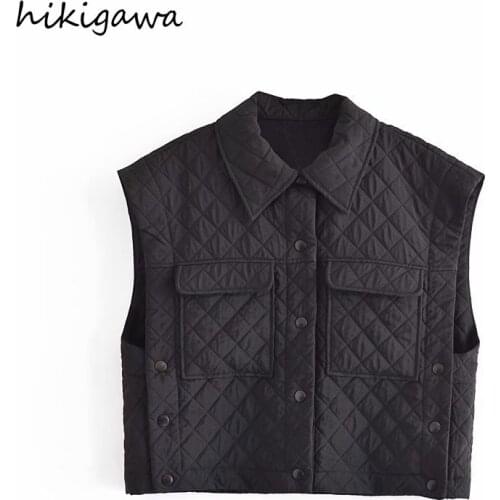 Hikigawa Vests Autumn Fashion Preppy Style Turn Down Collar Sleeveless Double Pocket Gilet Black Loose Casual Colete Feminino