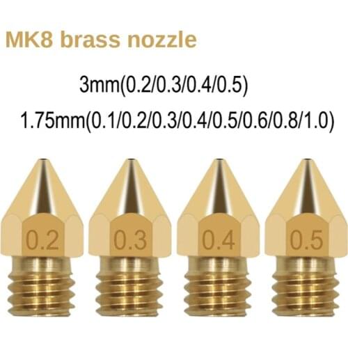 1PC MK8 Nozzle For 3D Printer 0.1/0.4 /0.3/0.2/0.5/0.6/0.8/1mm Copper Extruder Threaded 1.75mm 3.0mm Filament Head Brass Nozzles