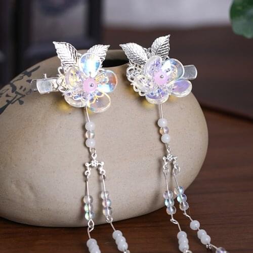 2 Pcs Colorful Flowers Silver Color Hairgrips Wedding Crystal Hair Accessories Handmade Tassel Women Hair Jewelry Leaf Headpiece