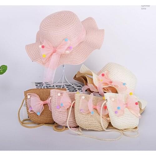 Baby Girl Sun Hat 2021 Children Straw Summer Sunscreen Cute bowknot Girls Handmade Beach Hats Female Fisherman Cap Kids 074