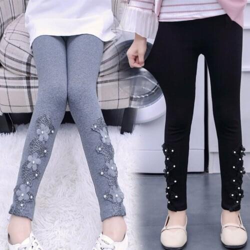 Children Legging Girl Autumn Solid Lace Flower All-match Cotton Trouser Kids Pants Skinny Girls Clothing 5 6 8 9 10 11 12 Years