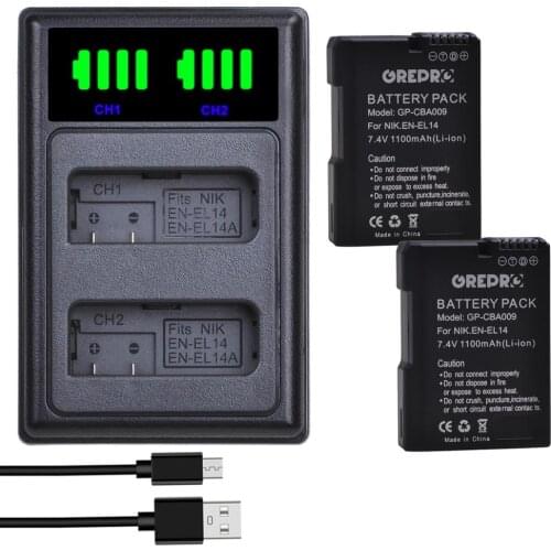 EN-EL14 EN-EL14a EN EL14 EL14a Battery + LED Dual Charger with type-C port for Nikon D3100 D3200 D3300 D5100 D5200 D5300 P7000