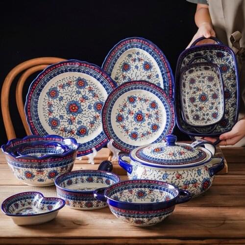 Poland Ceramic Set Plate and Bowl Binaural Big Soup Bowl Ethnic Style Noodle Bowl Oven Microwave Oven Ceramic Tableware