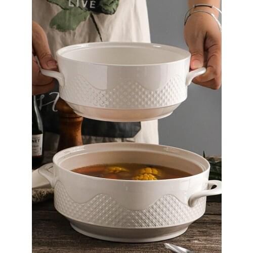Creative Nordic Ceramic Handle Salad Fruit Soup Bowl With Lid Anti-scalding Noodle Rice Food Pot Dessert Breakfast Oat LA208