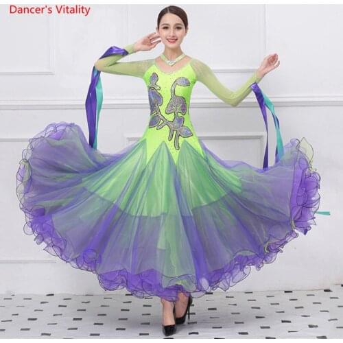 Senior Diamond Ballroom Dance Dresses Women Stage Performance Clothes Fashion Big Swing Dress Lady Dancing Competition Costumes