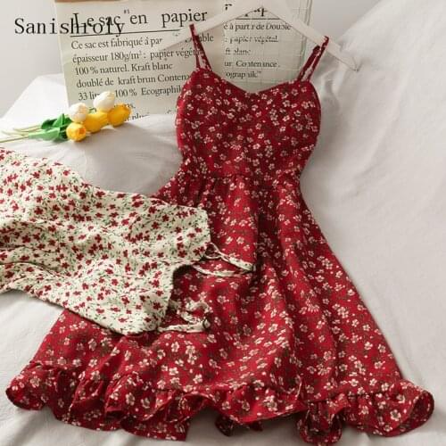 Sanishroly Women Summer Spaghetti Strap Dresses Sexy Ruffles Floral Print Dress Ladies Sleeveless Short Mini Dress Vestidos C110