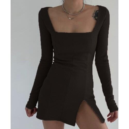 Fashion Womens Korean Mini Dress Spring and Autumn Long Sleeve Slit Elegant Temperament Slim Pack Butt Dress Summer Short Sleev