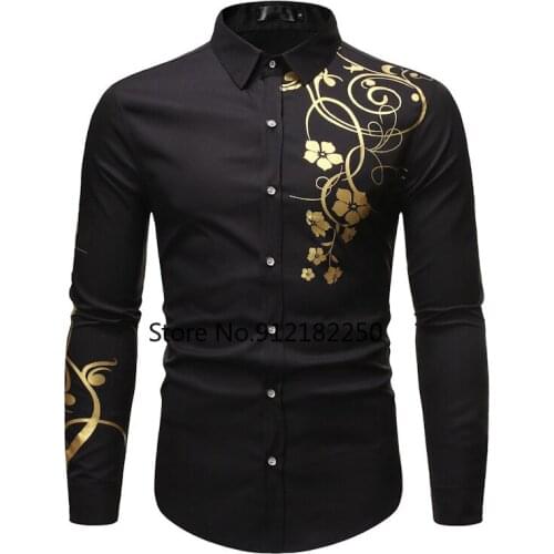Shiny Gold Floral Shirt Men Business Casual Chemise Homme 2021 Fashion Slim Fit Long Sleeve Mens Dress Shirts Black Tuxedo Shirt