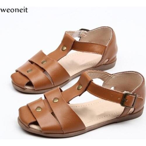 Weoneit Girls Sandals Summer Fashion Kids Shoes Closed Toe Rivets Spring Children Sandal Black Red Princess Baby Shoes CN 26