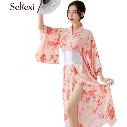 Sekexi Women Long Style Floral Kimono Dress Loose Printed Sakura Kimono Lingerie Satin Chiffon Pajamas Cardigan Bathrobe Gown