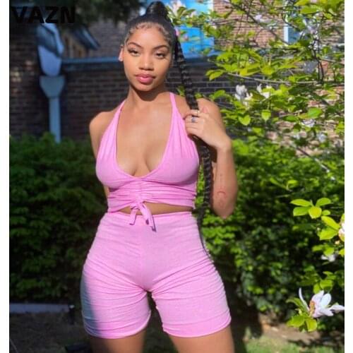 VAZN Sexy casual 2020 summer sexy lady 3 color s2-piece short set spaghetti strap short tops shorts set young lady skinny sets