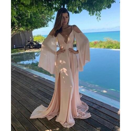 2020 Sexy V-neck Chiffon Evening Dresses Long Elegant Long Sleeve Formal Party Dress For Wedding Party Robe De Soiree Cheap