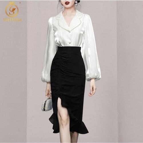 SMTHMA 2021 New Autumn Womens Temperament Pearl Collar Lantern Sleeve Shirt +High Waist Mermaid Sexy Split Two-Piece Skirt Suit