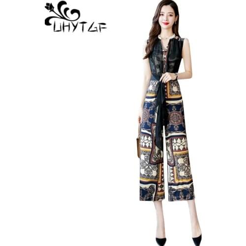 UHYTGF fashion Chiffon summer jumpsuit women Printed sleeveless wide leg jumpsuit elegant high waist female suit plus size 923