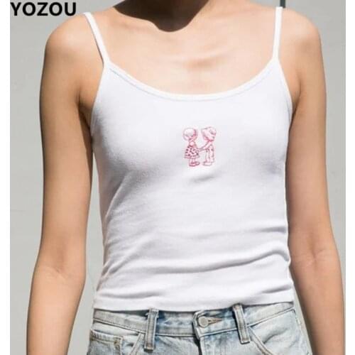 Women summer 90s vintage sweet pink little girl pattern embroidery crop top cropped cami tee for female