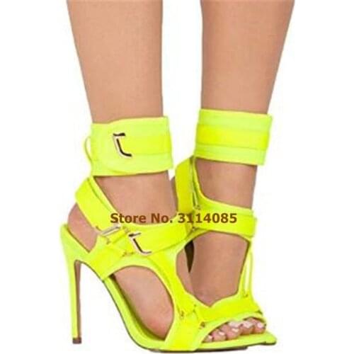 Women Top Brand Lime Green Mixed Color Buckle Strap Sandals Thin High Heels Cage Shoes Patchwork Metal Buckle Dress Pumps Sale