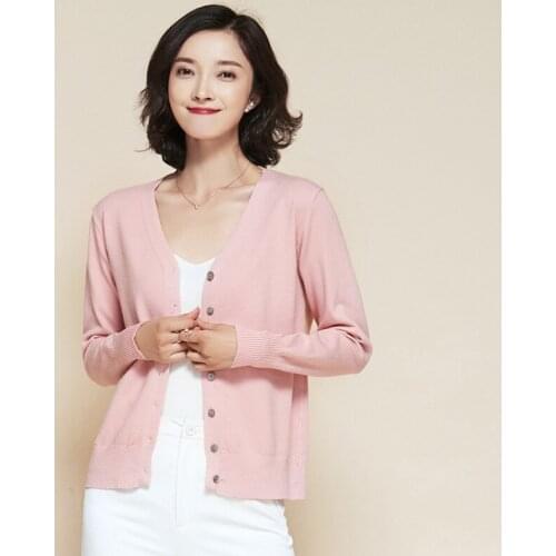 Spring and Autumn Little Cardigan Womens Short Loose Thin Coat V Collar Thin Long Sleeve Wild Solid Color Cardigan Women