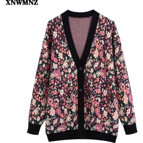Za Women Fashion jacquard floral knit cardigan sweater Casual Vintage V-Neck long sleeves button-up Female Knitted coat Chic Top