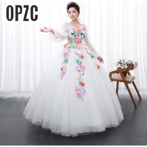 White Princess multicolor Flowers Paty dress Solo Stage Colored Yarn Dress Evening Female Art Exam Performance Vestidos De Novia