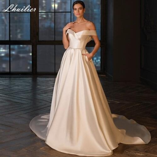 Lhuilier Womens A Line Boat Neck Satin Wedding Dresses 2021 Floor Length Off the Shoulder Bridal Gowns with Beading Belt