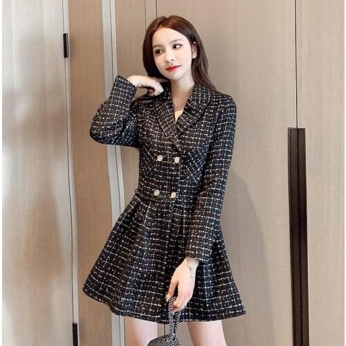Retro Black Tweed Plaid Jacket Dresses Women Fall Winter Temperament Double-breasted Notched collar Ball-Gown Mini Woolen Dress