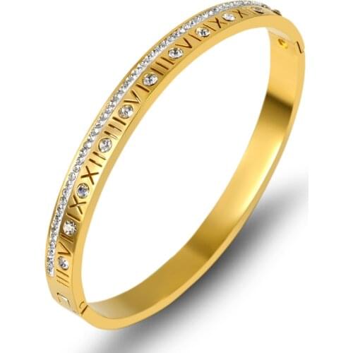 2021 Latest Popular Luxury Hollow Roman Numerals Bangles For Women Fashion Crystal Stainless Steel Bracelets Jewelry Gifts