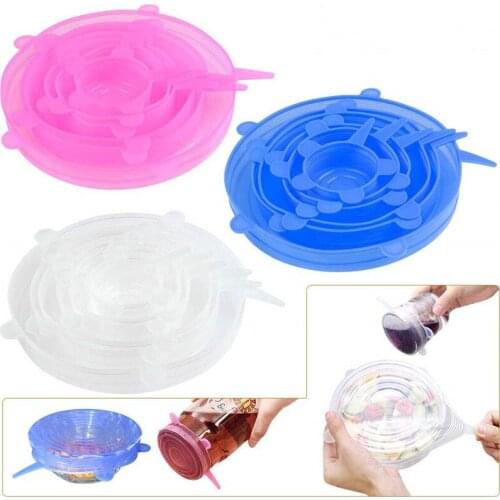 6pcs Reusable Silicone Fresh-keeping Lids Food Packaging Cover for Bowl Sealing Cap Vacuum Stretch Lid Kitchen Cookware
