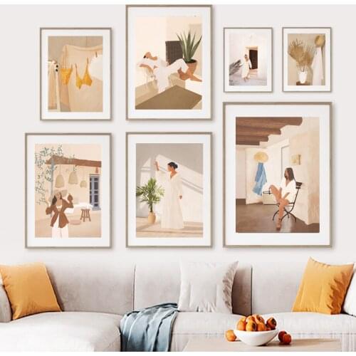 Abstract Fashion Summer Rest Girl Palm Leaf Nordic Posters And Prints Wall Art Canvas Painting Decor Pictures For Living Room