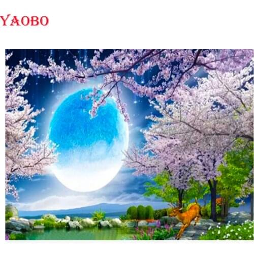 5D Diamond Painting Moon Cherry Blossom Tree Nature Landscape DIY Diamond Embroidery Mosaic Garden Full Drill Cross Stitch Decor